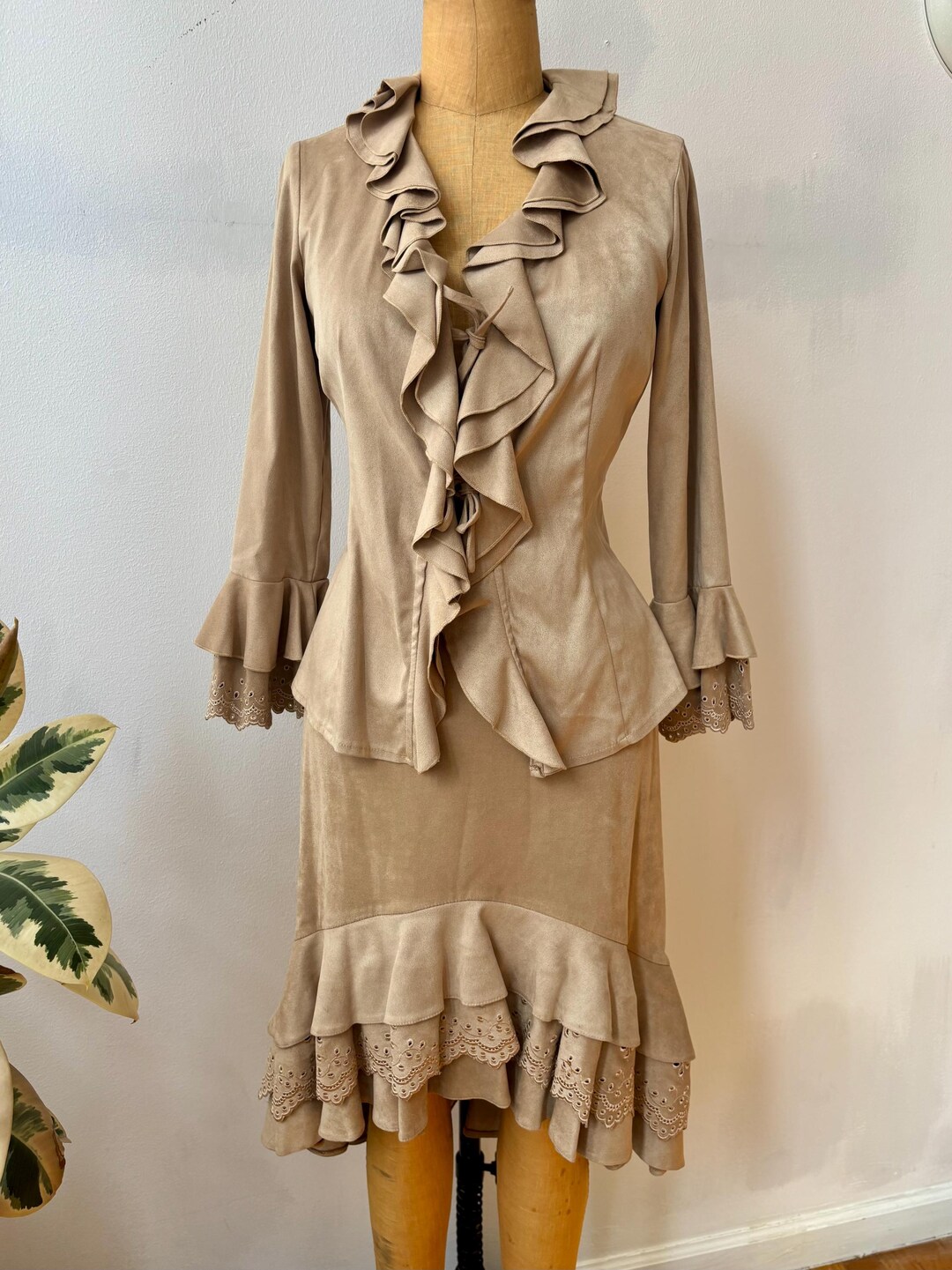 Vintage Tan Faux Suede Ruffled Skirt Suit Ensemble - Etsy
