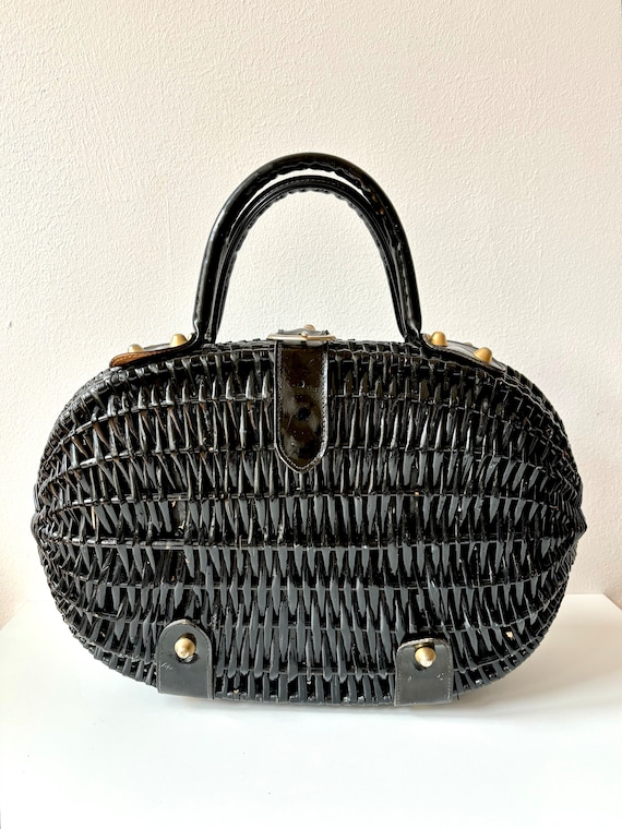 Vintage 1960s Koret Large Black Wicker Handbag