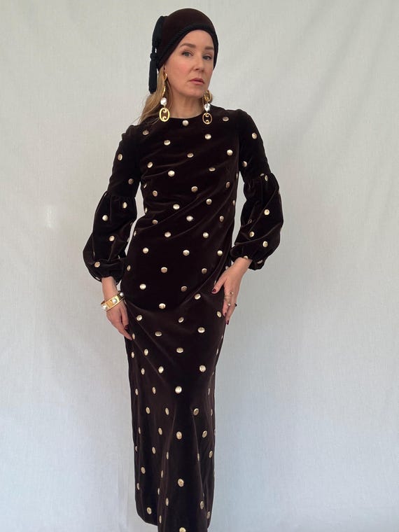 Vintage 1980s Hanae Mori Brown Velvet Gold Lurex Polka Dot Maxi