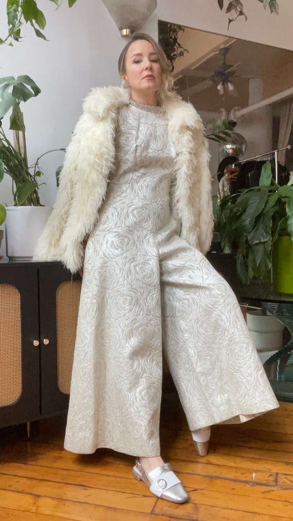 1960s Metallic Silver Brocade Palazzo Jumpsuit - image 2