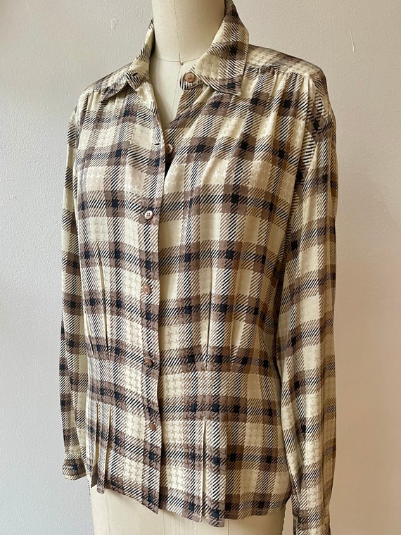 Vintage 1980s Plaid Silk Blouse - image 4