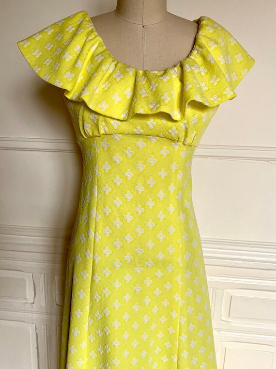 Vintage 60s lemon yellow ruffle collar maxi dress
