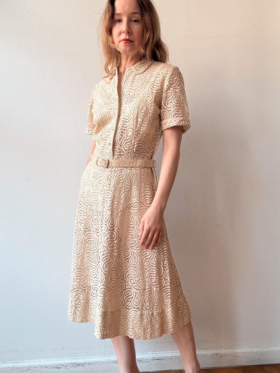 Vintage 1950s Sheer Lace Belted Midi Dress