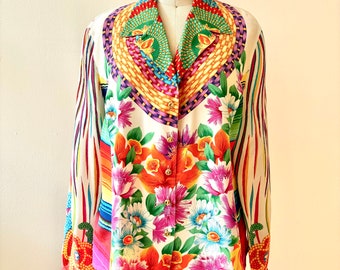 Vintage Escada Vibrant Floral Print Silk Blouse