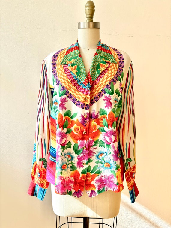 Vintage Escada Vibrant Floral Print Silk Blouse