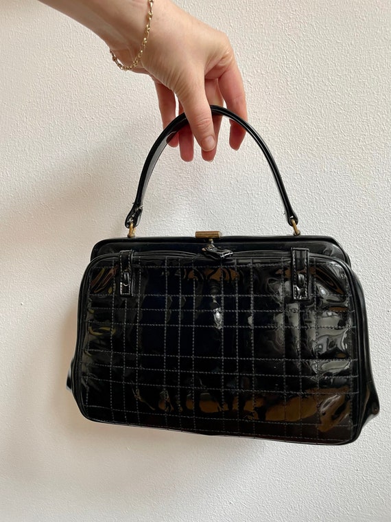 Vintage 1960s Black Patent Leather and Lucite MOD Purse - Raleigh Vintage