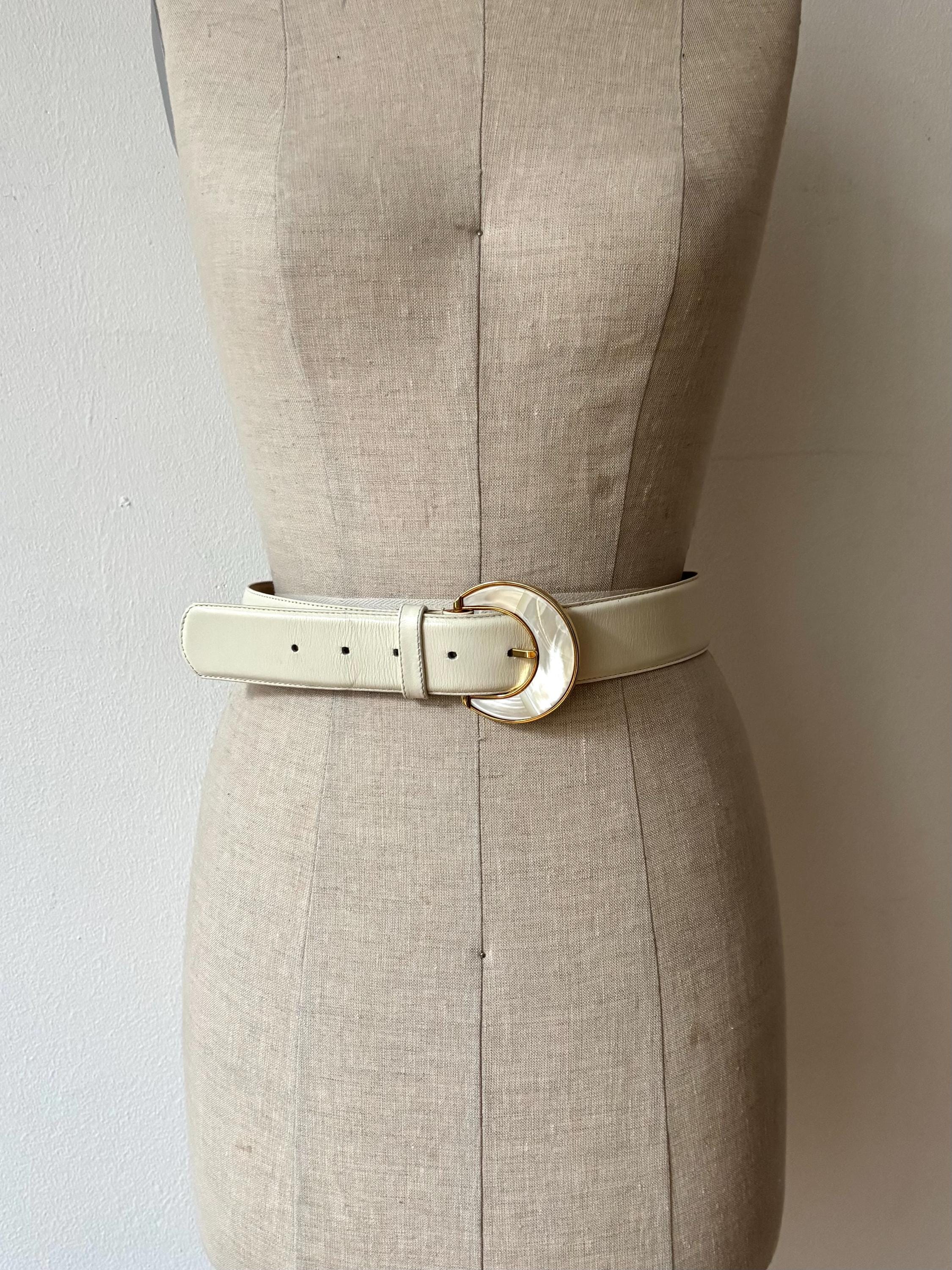 Vintage White Leather Gold & Shell Buckle Belt