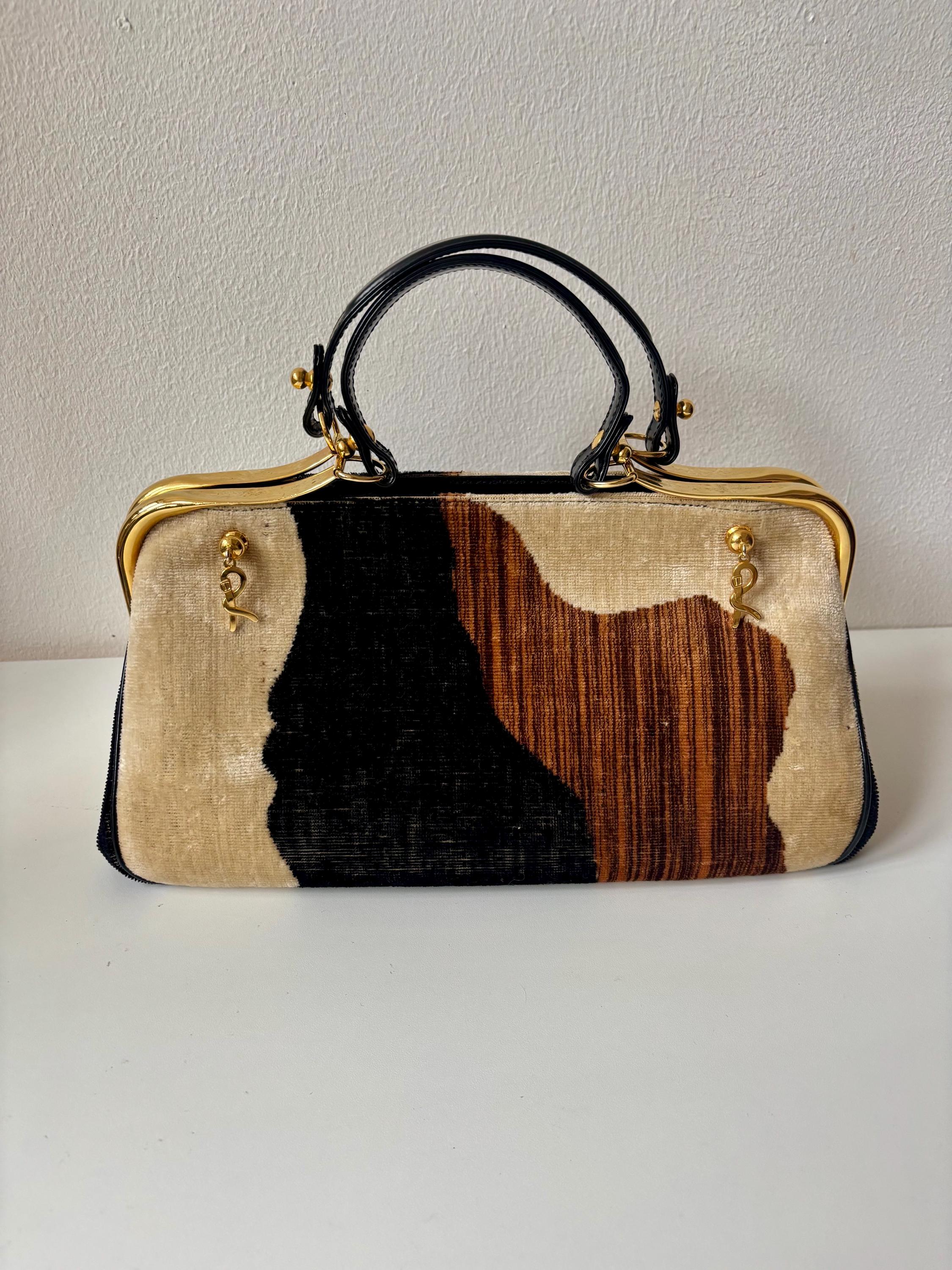 Vintage 1970s Roberta Di Camerino Colorblock Velvet Top Handle Bag 