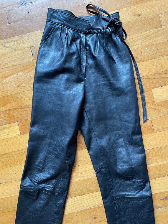 Vintage Paco Rabanne Black Leather Tie Waist Pants - image 4