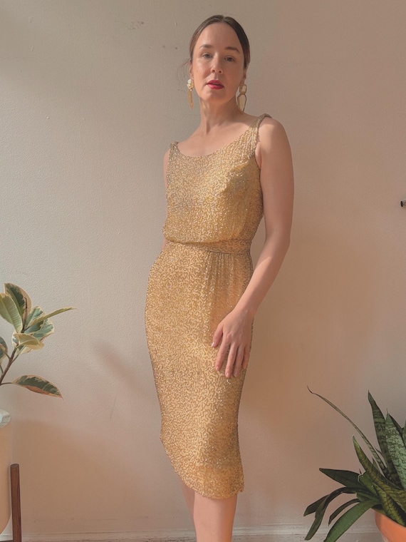 Vintage 1950s Ceil Chapman Gold Beaded Cocktail Dress - Etsy Israel