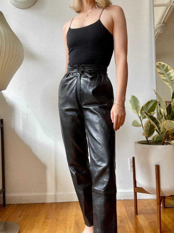 Vintage Paco Rabanne Black Leather Tie Waist Pants - image 8