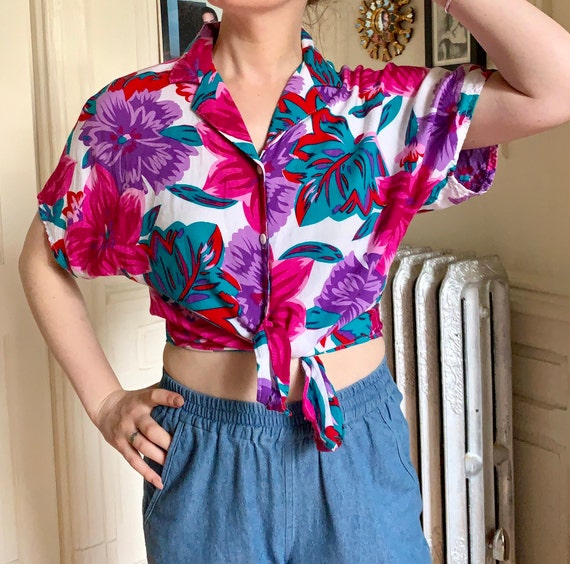 Vintage 80s Tropical Floral Print Shirt