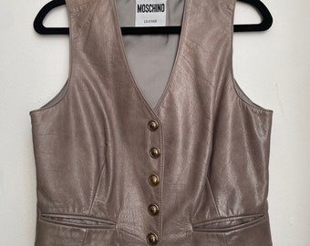 Vintage Moschino Taupe Leather Snap Front Vest