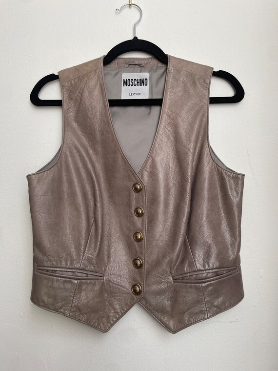 Vintage Moschino Taupe Leather Snap Front Vest