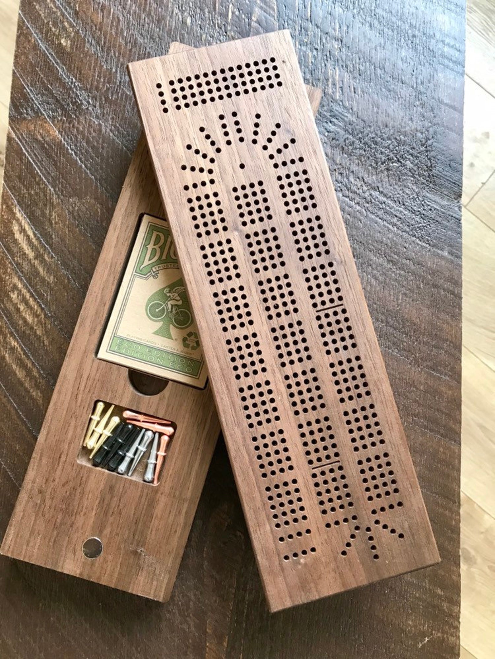 Handmade Walnut Cribbage Board: 4-Track with Peg and Card Storage