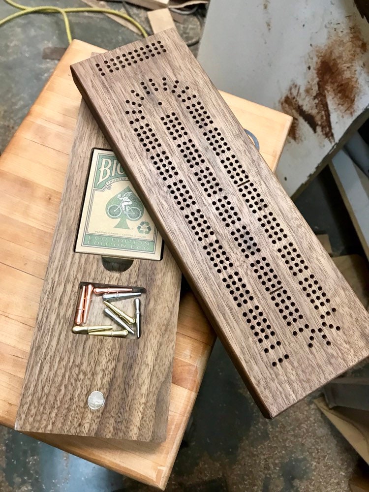 2 Piece 3 Track Cribbage Board with Storage for Pegs and Cards. Free Shipping in US.