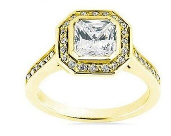 1 carat center Radiant cut Diamond Halo Engagement Ring 14k Yellow Gold VS1