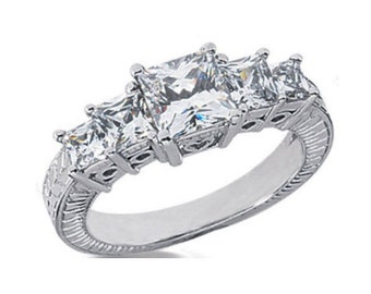 2.30 ct total 5 stone Princess cut Diamond Engagement Wedding 14k White Gold Ring