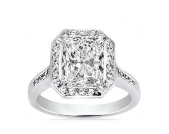 2 ct center Radiant cut Diamond Solitaire Halo Engagement Ring