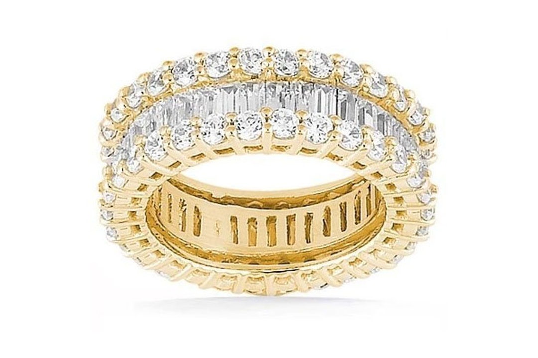 Round & Baguette Diamond Ring 14k Yellow Gold Eternity Band F-G VS 5.31 ...