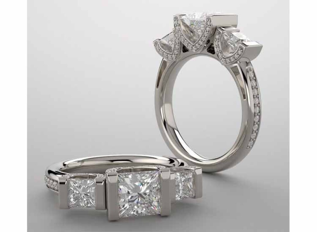 3 Stone Princess Cut Diamond Engagement Wedding Ring 14k Gold 2.40 Tcw ...