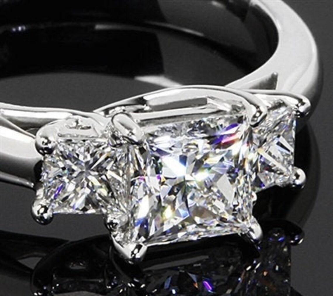 2 Ct Total, 3 Stone Princess Cut Diamond Engagement Ring 14k White Gold ...