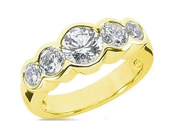 1.50 carat 5 Round Diamond Half Bezel set Band 14k Yellow Gold Anniversary Ring