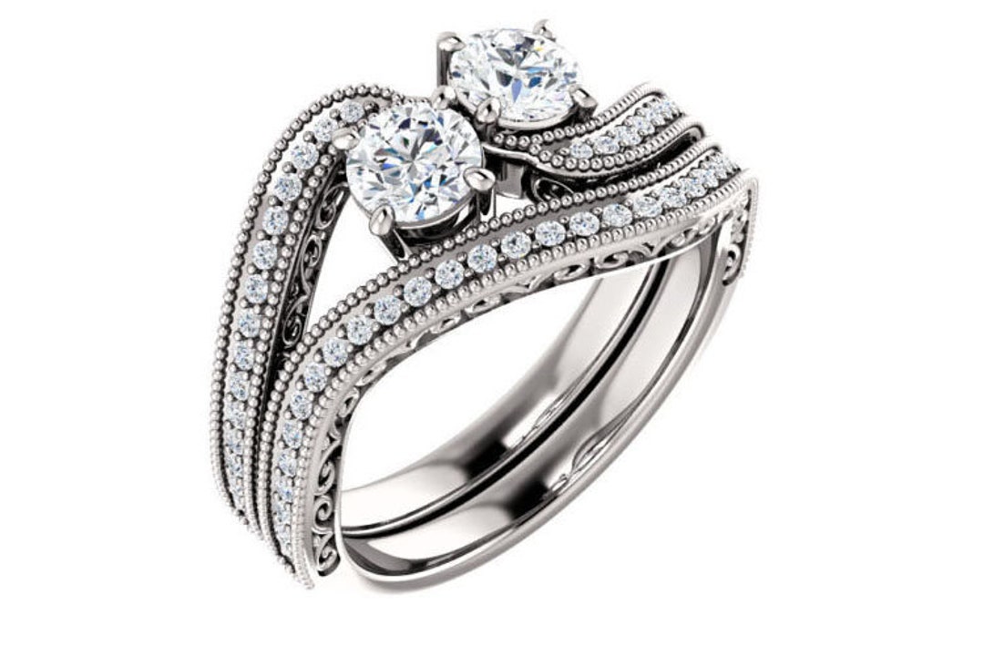 2 Stone Round Diamond Wedding 14k Gold Ring Band 0.45 Ct Each F-G SI1 1 ...