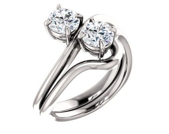 2 Stone Round Diamond Wedding 14k Gold Ring Band 0.75 ct each F-G SI1 1.50 tcw
