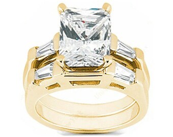 1.50 Carat Radiant cut Diamond Engagement Ring Yellow Gold Band set w baguettes