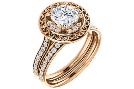 1 Ct Cushion Round Cut Diamond Halo Engagement Ring 14k Rose Etsy