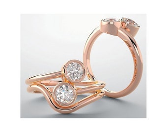 2 Stone Round Diamond Band 14k Rose Gold Ring 0.75 ct each F-G SI1 1.50 tcw