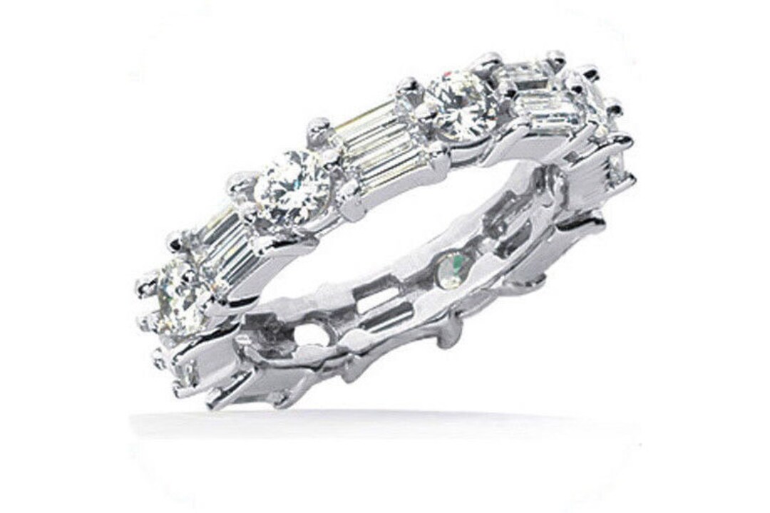 Round & Baguette Diamond Ring 14k White Gold Eternity Band F VS Size 8 ...