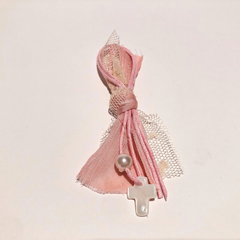 Martyrika-Witness Pins 50pcs For Girl Brooch Pink Cord Rotten Apple Color Ribbon Tulle Pearl White Cross