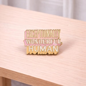 May include: A rectangular enamel pin with the words "EXCEPTIONALLY WONDERFUL HUMAN" in pink, yellow, and white. The pin is set against a light wood surface.