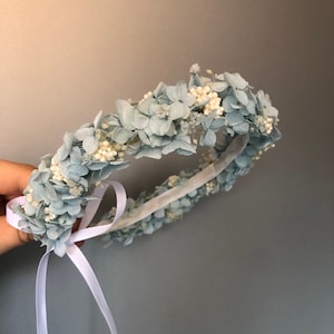 ドライアジサイの花冠、青い花のウェディングヘッドピース
