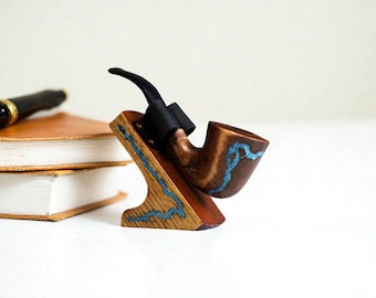 Handmade Wood Tobacco Pipe with Turquoise Inlay, Display Stand