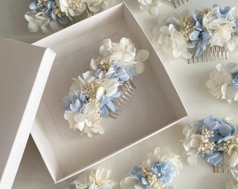 Peineta de boda azul y blanca con flores, horquillas para el cabello, accesorios para el cabello de novia, peineta de flores, tocado para damas de honor, estilo hortensia.