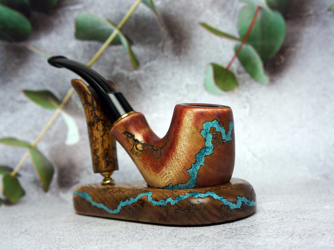 Smoking Pipe Lightning With Gemstone Turquoise, Wooden Pipe Stand, Pipe