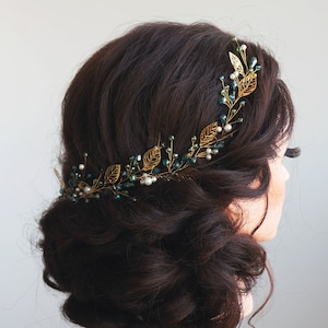 Liane de cheveux de mariée émeraude, liane de cheveux de mariage, postiche de mariée or, casque de mariée, liane de cheveux de perles pour la mariée, morceau de cheveux de mariage