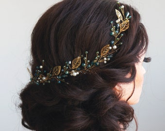 Enredadera de pelo de novia esmeralda, enredadera de pelo de boda, postizo de novia de oro, tocado de novia, enredadera de pelo de perlas para novia, pieza de pelo de boda