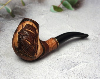 Handmade Pear Wood Tobacco Pipe: Carved Ship Design, 9mm Filter