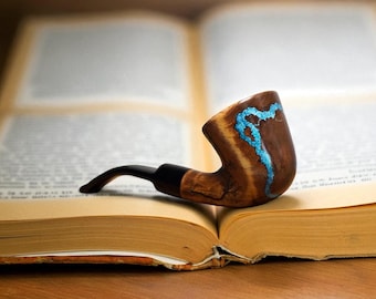 Handmade Pear Wood Tobacco Pipe: Turquoise Inlay, 9mm Filter