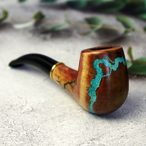 Handgefertigte Pfeife aus Birnbaumholz : Türkis Edelstein Inlay, 9 mm Filter