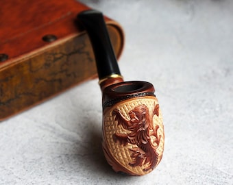 Handmade Pear Wood Tobacco Pipe: Carved Lion Design, 6"