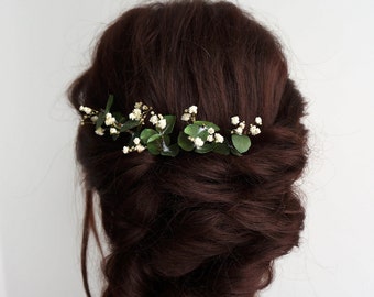 Adorno para el cabello de novia de eucalipto, horquillas para el cabello de boda, horquillas para el cabello de novia, adorno para el cabello de flores preservadas, tocado de novia, adorno de follaje de paniculata
