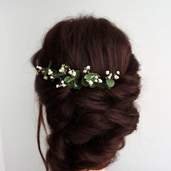 Eucalyptus bridal hair piece, Wedding hair pins, bridal hair pins, preserved flower hairpiece, bridal headpiece, babys breath greenery piece