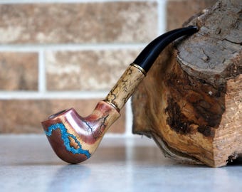Handmade Pear Wood Tobacco Pipe with Turquoise Gemstone Inlay