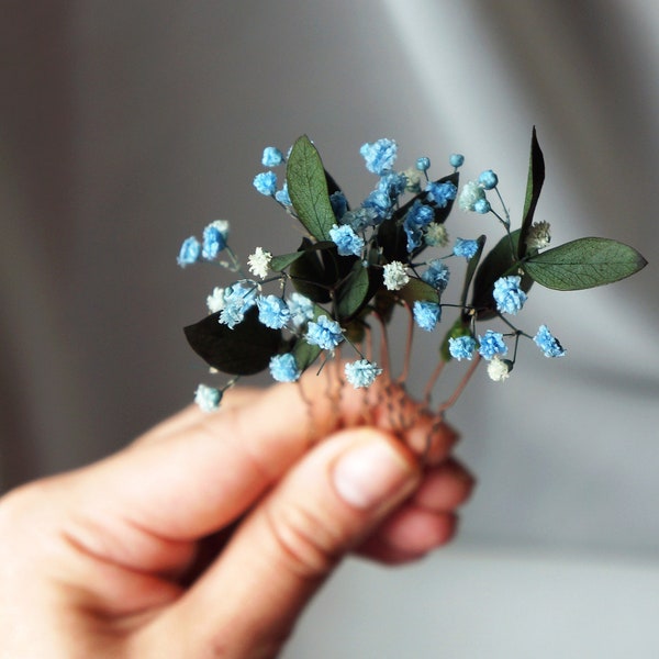 Eucalyptus bridal hair piece, something blue for bride, bridal hair pins, flower hairpiece, bridal headpiece, babys breath greenery piece