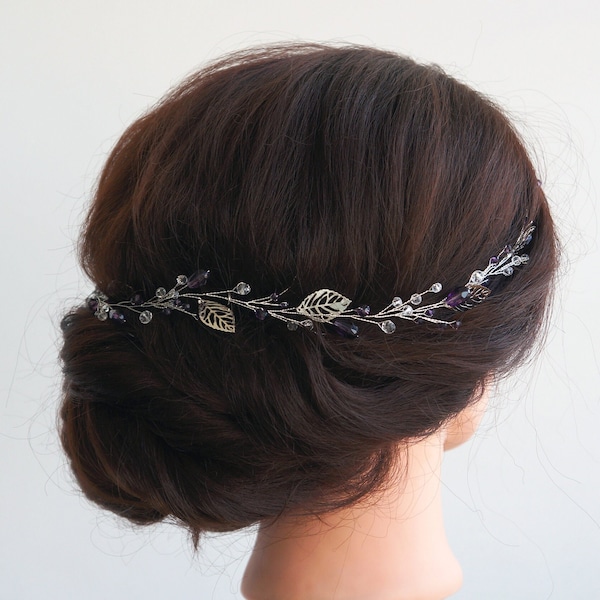 Purple bridal hair vine, wedding hair vine, gold bridal hairpiece, bridal headpiece, silver  hair vine for bride, wedding pearls hair piece